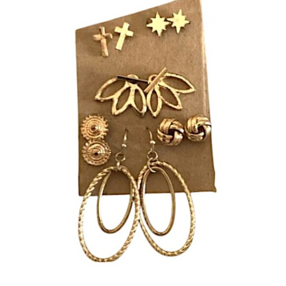 (6 pair) Elegant Gold Earring Set studs & dangle - Picture 1 of 7
